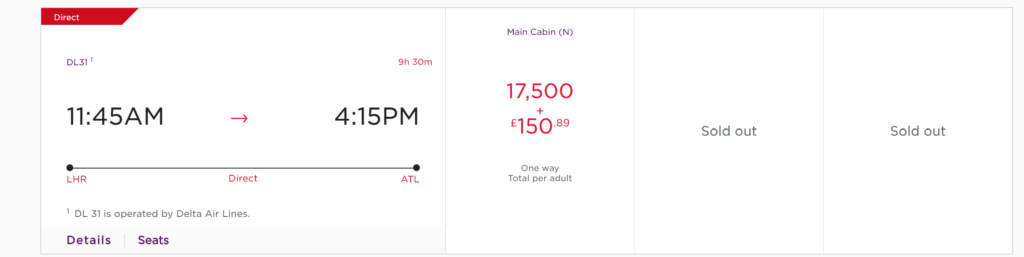 Sample redemption of Delta flight using Virgin Atlantic points.