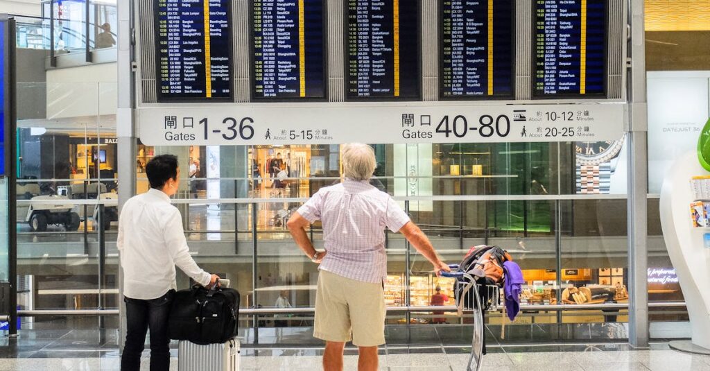 People Looking at Departure Board at an Airport